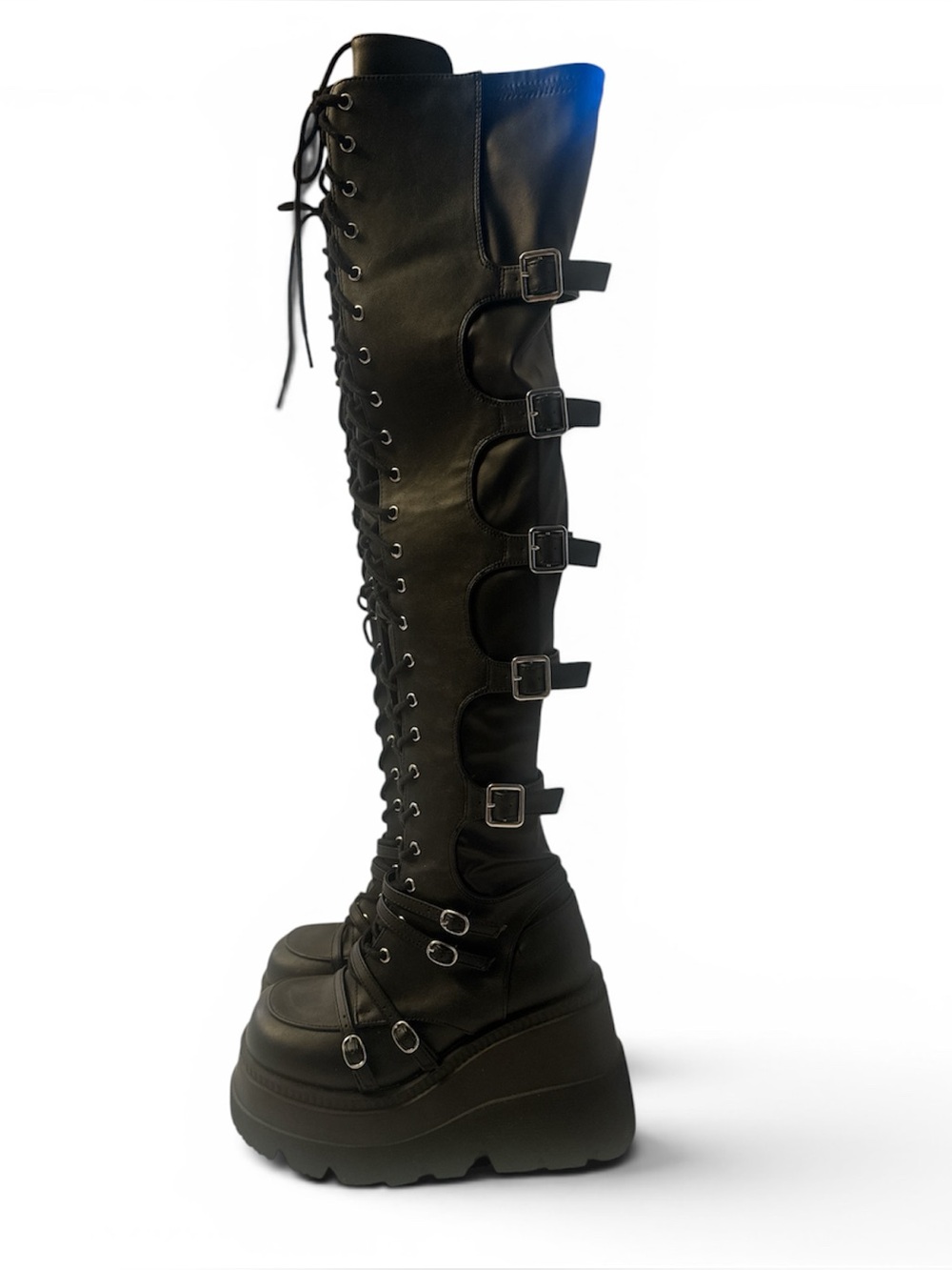 NEW Demonia Shaker 350 Over-the-Knee Black Lace-Up Platform Boots